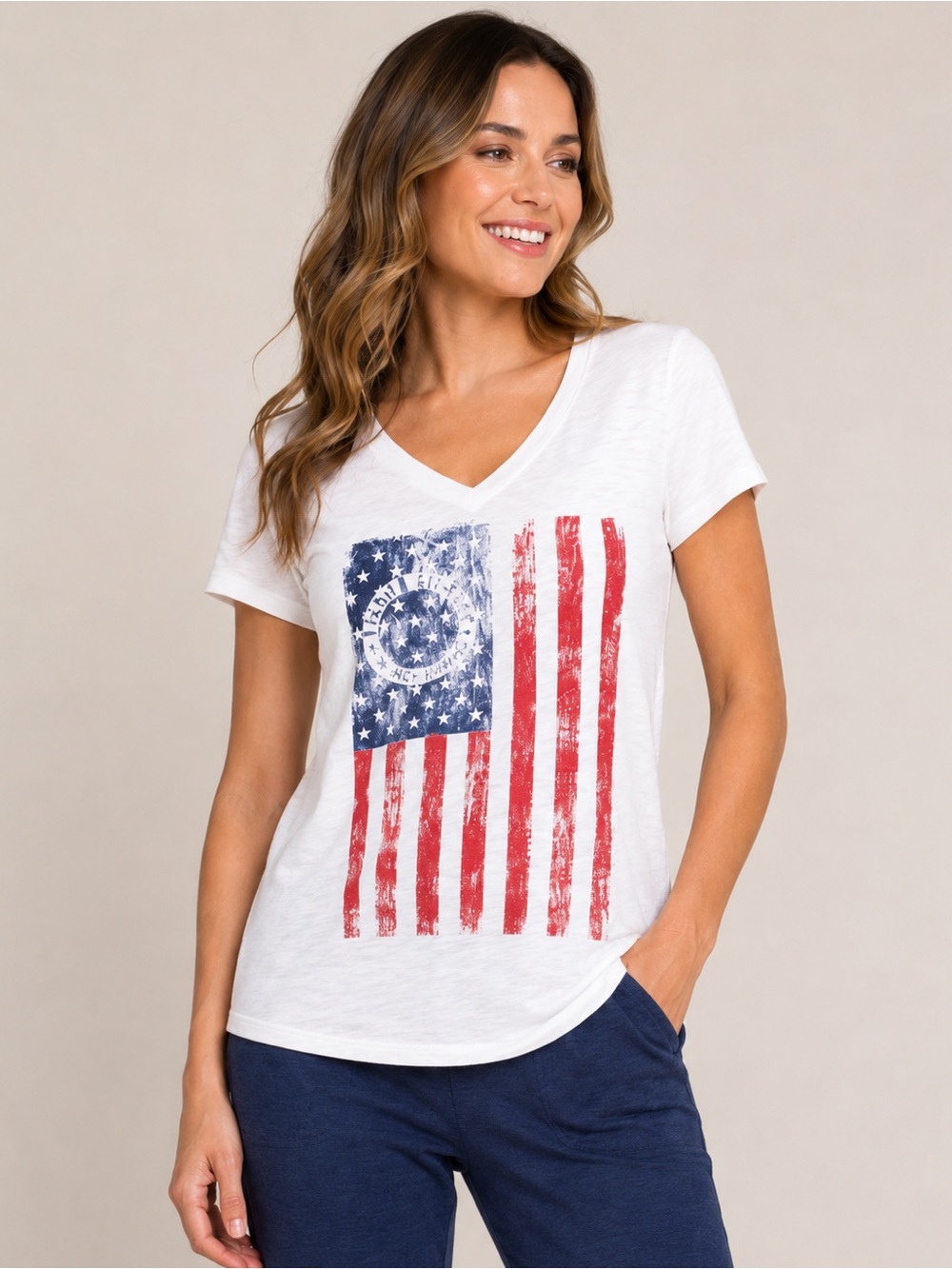 Ronald Reagan Presidential Library Women’s Small American Flag V-neck Tshirt USA